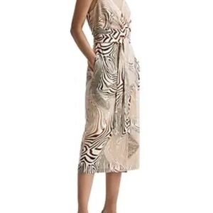 REISS 
Rosie Linen & Cotton Midi Dress sz 2 $365 pockets v neck tan safari